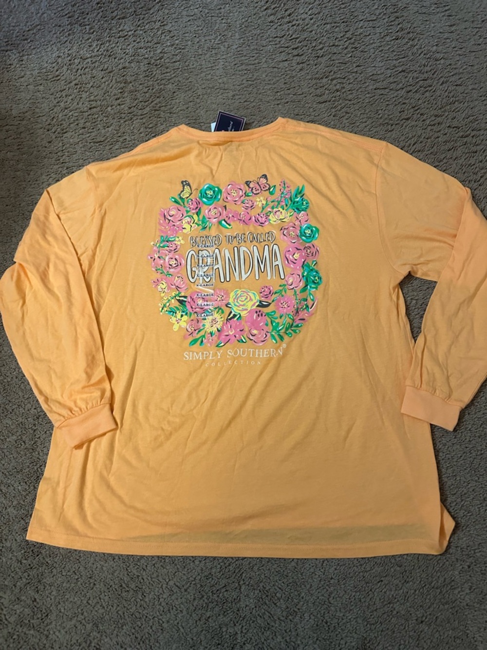 Simply Southern NWT Blessed To He Grandma Size XL Long Sleeve Tshirt Orange
